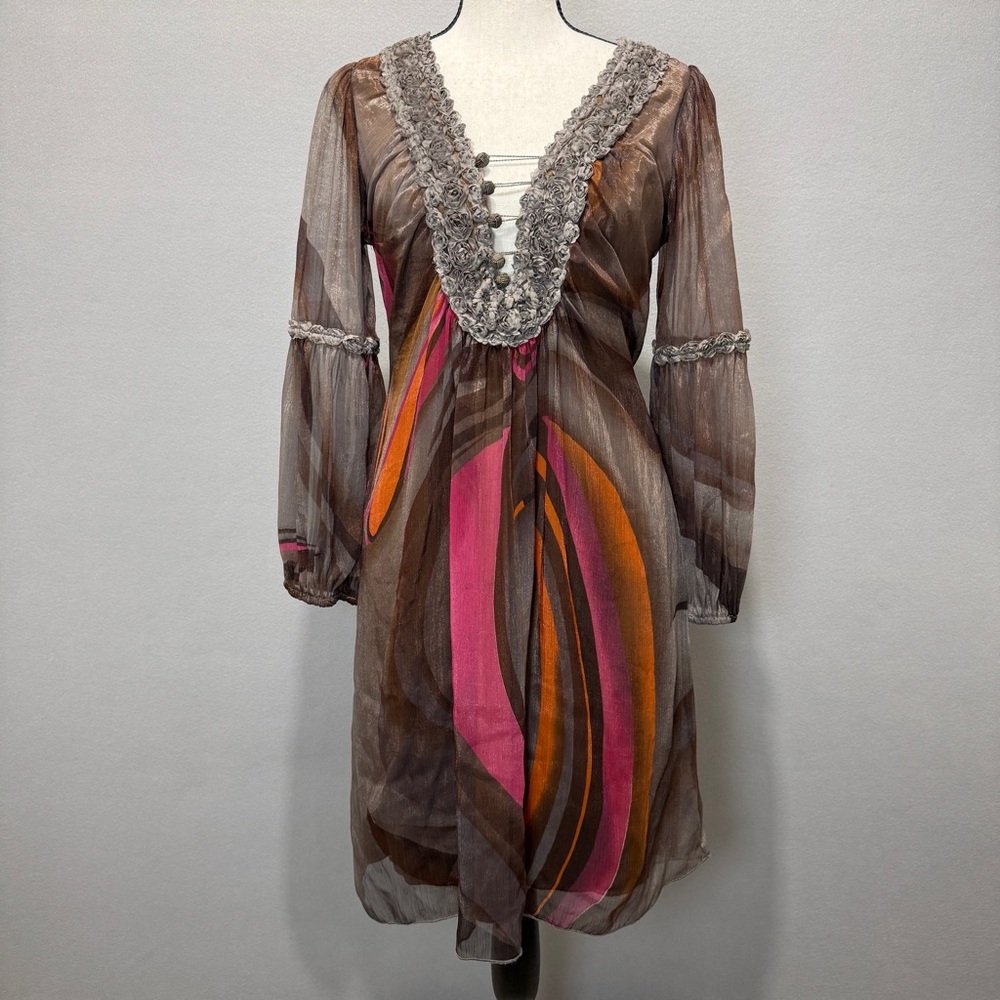 Nico La Medium Sheer Print Midi Dress Rosette Lace Trim Long Sleeve Boho Retro